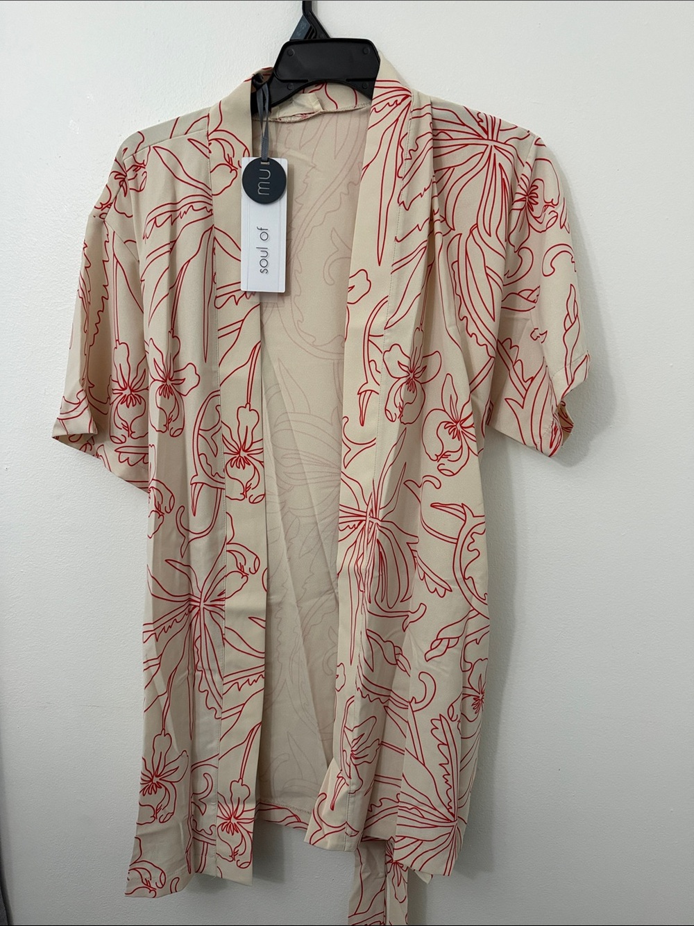 Cream Robe with Red Floral Line Print